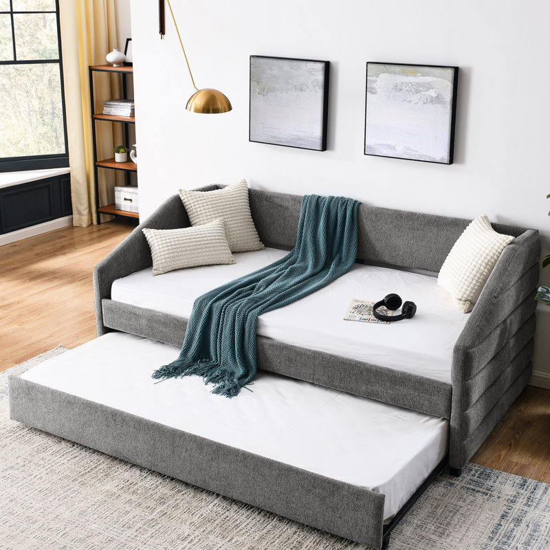 Lit de jour simple en lin gris avec lit gigogne et lit gigogne polyvalent, Gris, Lit simple