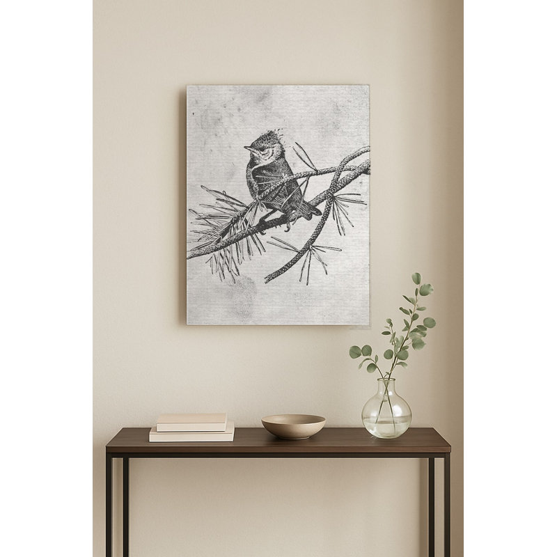 Oiseau sur une branche de pin — Portrait en métal, H 10 po x l 8 po