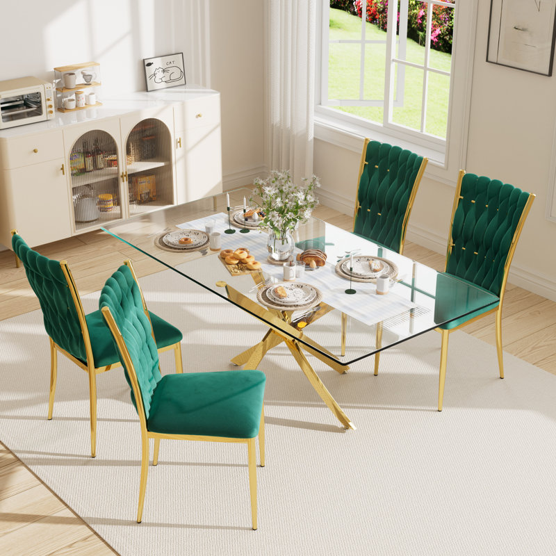 63" Rectangular Tempered Glass Table set, Green/Gold, 5