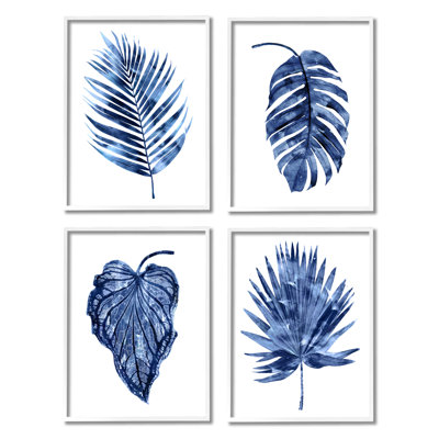 «Varied Blue Leaves Simple Botanical Plant Shapes» par - 4 pièces, ensemble d'art graphique sur toile flottante