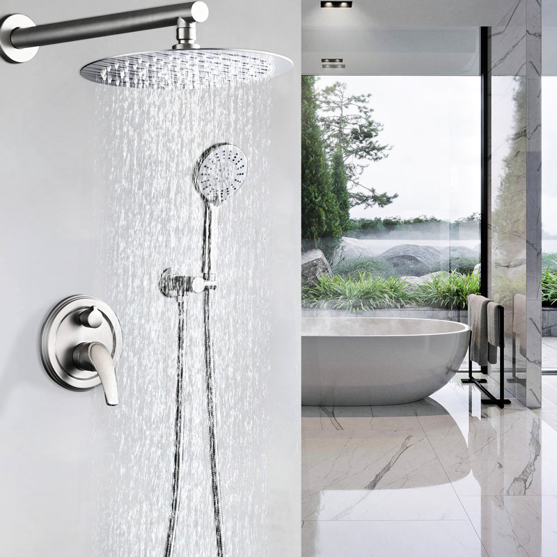 Douche haute avec pomme de pluie murale de 10 pouces et 5 poignées, nickel brossé, fabrication en acier inoxydable