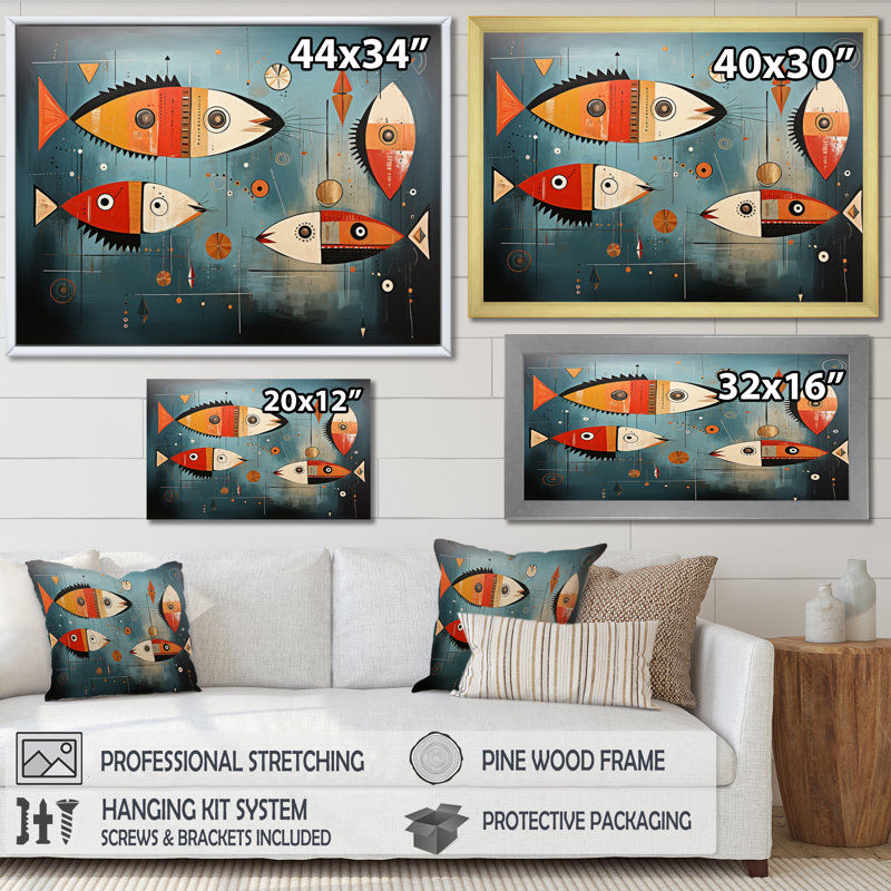 Collage de poissons de minimalisme jinat I - impression, Cadre flottant doré, H 34 po x l 44 po x P 1,5 po