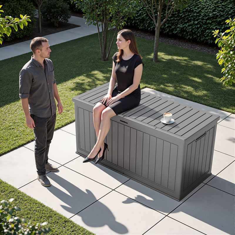 Coffre de terrasse verrouillable en résine 270 gallons avec séparateur amovible, Gris