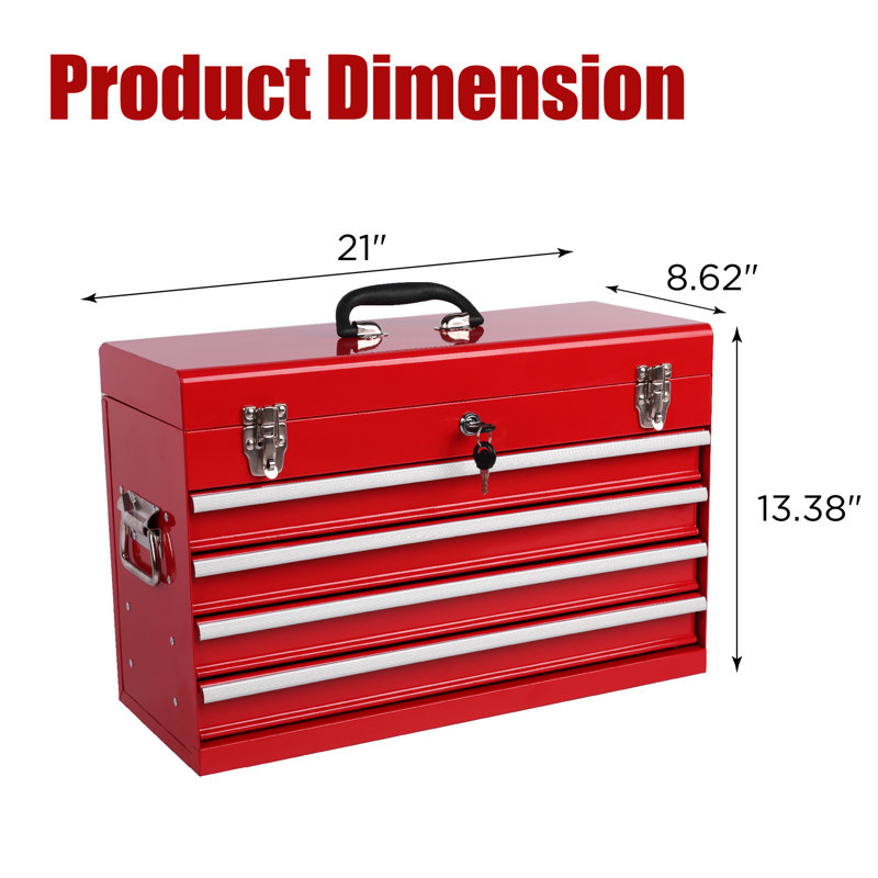 Boîte à outils en métal rouge, 21 po, 4 tiroirs avec glissière à roulement, verrouillage et fonctionnement en douceur pour une organisation sécuritaire