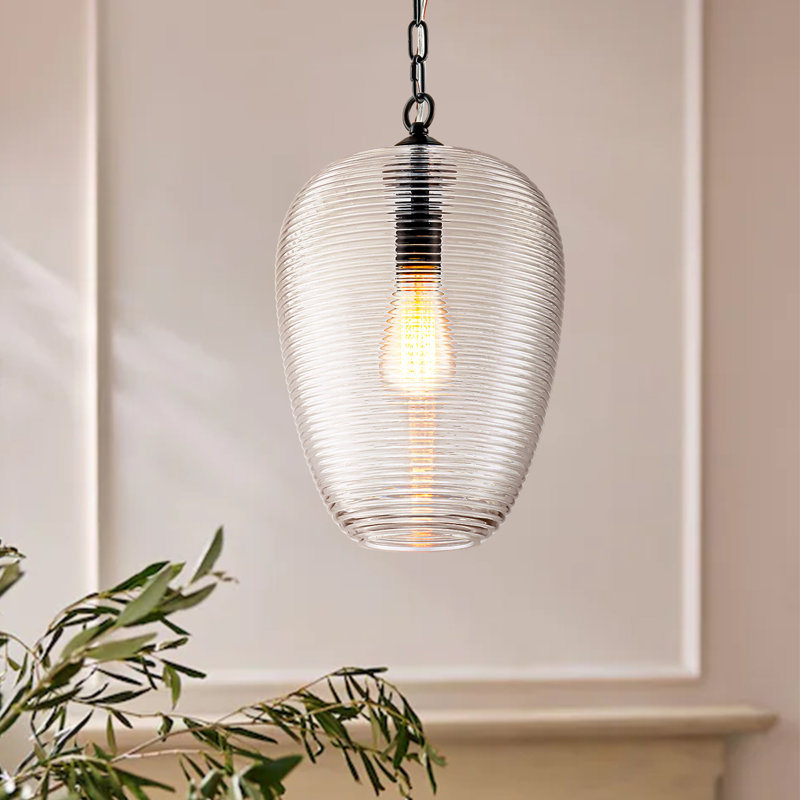 Glimmeri 1-Light Single Ribbed Clear Glass Pendant, Matte Black