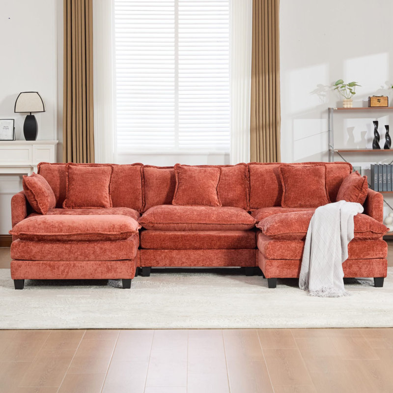 Schmucker U Shaped Modular Sectional Sofa, Oversized Cloud Couch With Ottoman, Orange Chenille, 33" H x 113.8" W x 35" D