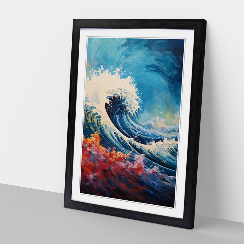 Wave Japanese Impressionism - Single Picture Frame Print on Wood, Black Framed, 64cm H x 46cm W