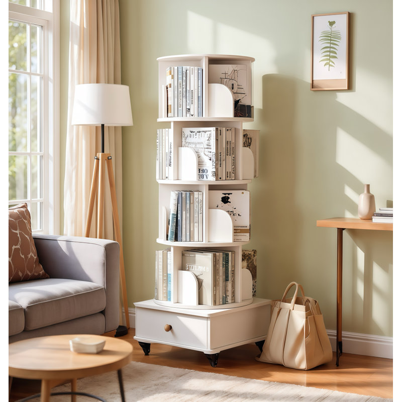 360° Display Round Spinning Rotating Bookshelf with Wheels and Drawer, (6 Shelves) 68.11"H x 18.11"W x 18.11"D, White