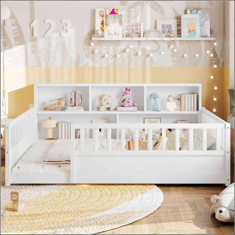 Lit double en bois avec garde-corps et rangement latéral pour les chambres modernes et fonctionnelles, Blanc