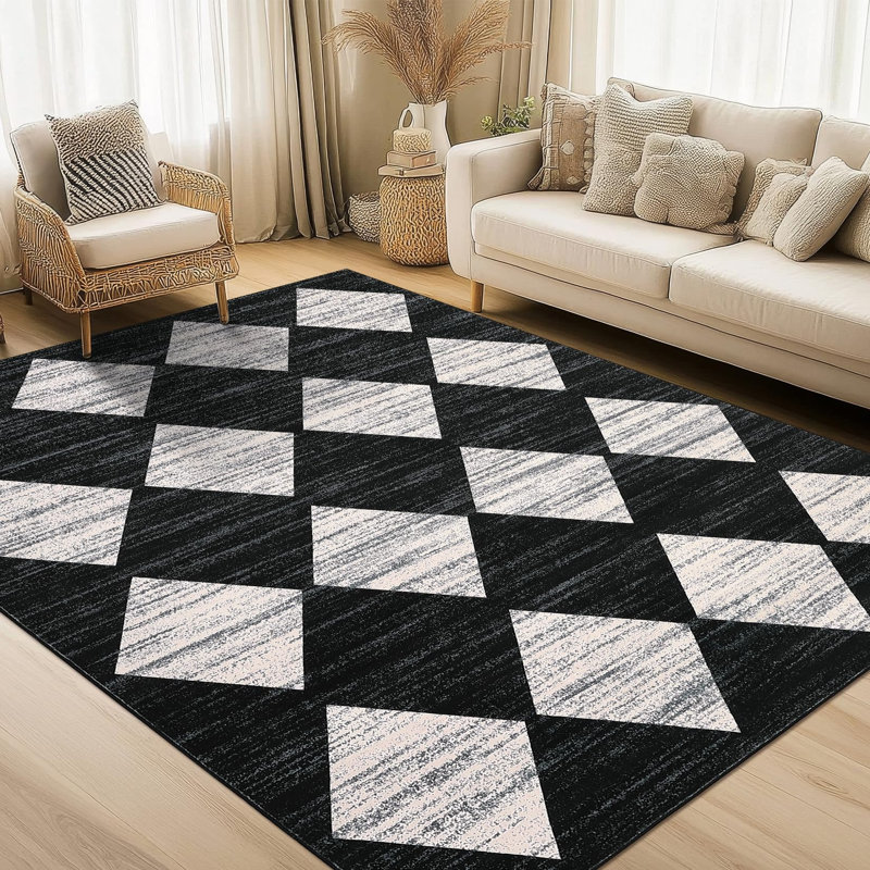 Washable Rug Modern Checkered Rugs Lattice Distressed Minimalist Aesthetic Rugs for Bedroom Laundry Farmhouse, Black