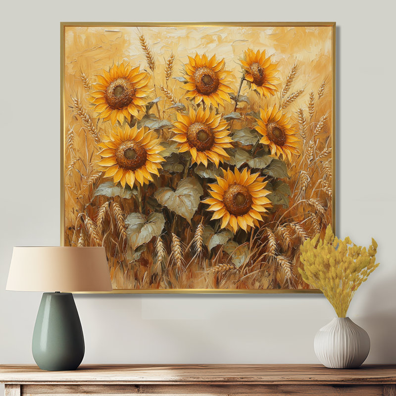 «Dreyvin Sunflowers In The Wheat Barnyard VII», art mural tournesols, Impression encadrée flottante, H 16 po x l 16 po, Doré