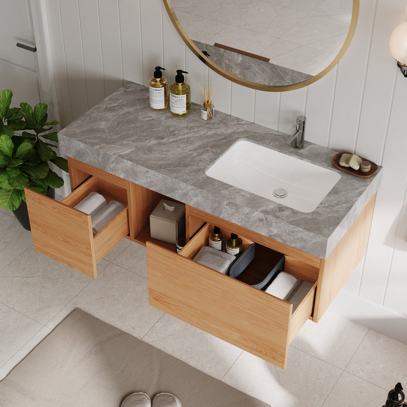 Meuble-lavabo simple 48 po Loubertha, plateau de table en faux marbre brillant, meubles-lavabos flottants modernes, Gray