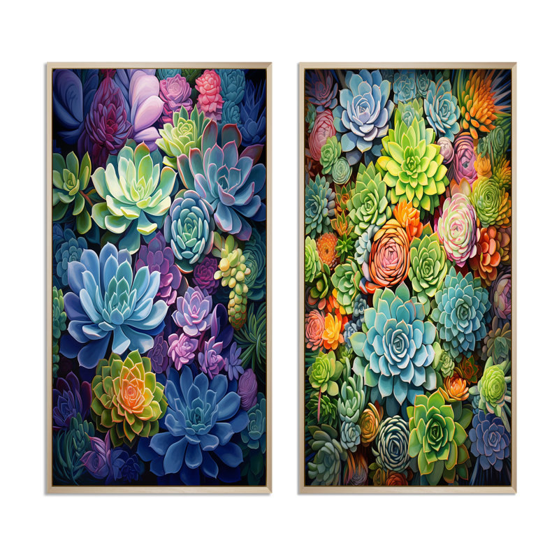 «Blue Green Succulents Botanical Oasis», 2 pièces, Encadrement brun, H 40 po x l 40 po