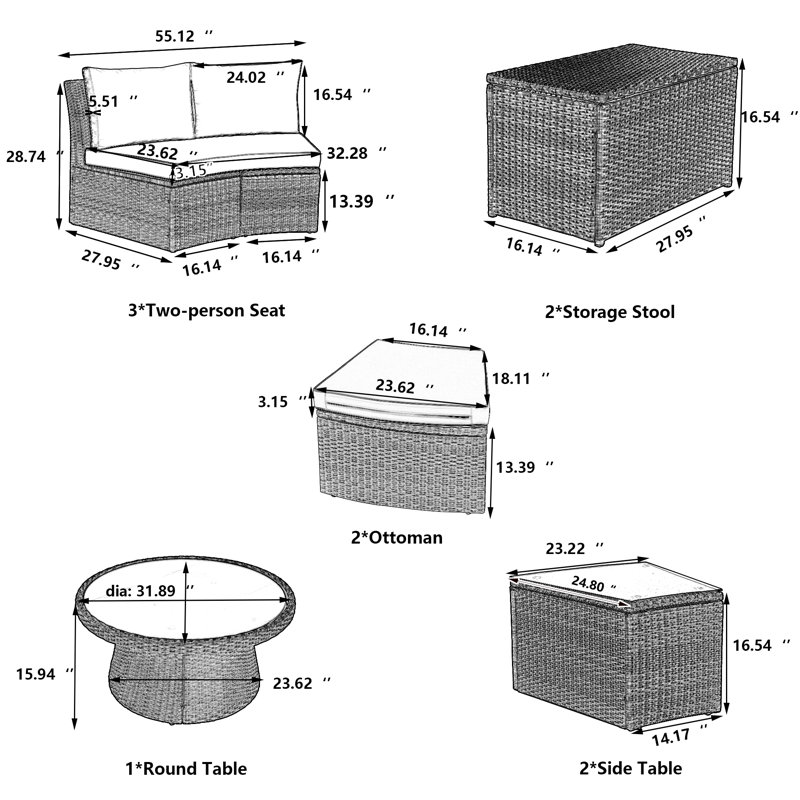 Ensemble de canapé modulaire d'extérieur en rotin 10 pièces 10 pièces, ensemble de conversation en osier PE, Brun, Blanc