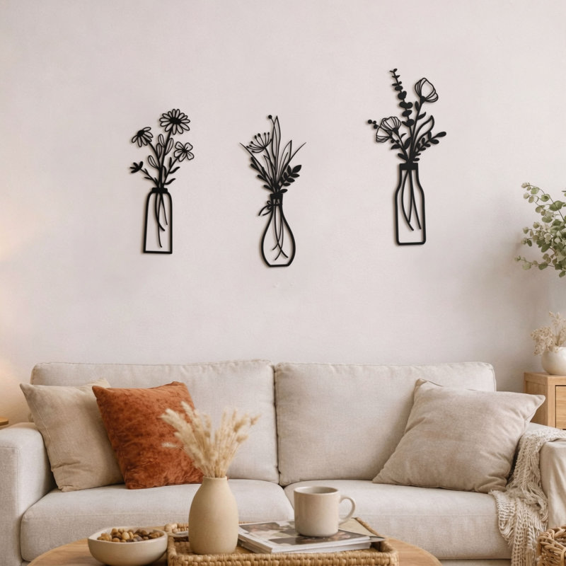  3-Piece Metal Flower Wall Art Set, Minimalist Boho Wall Decor, Black