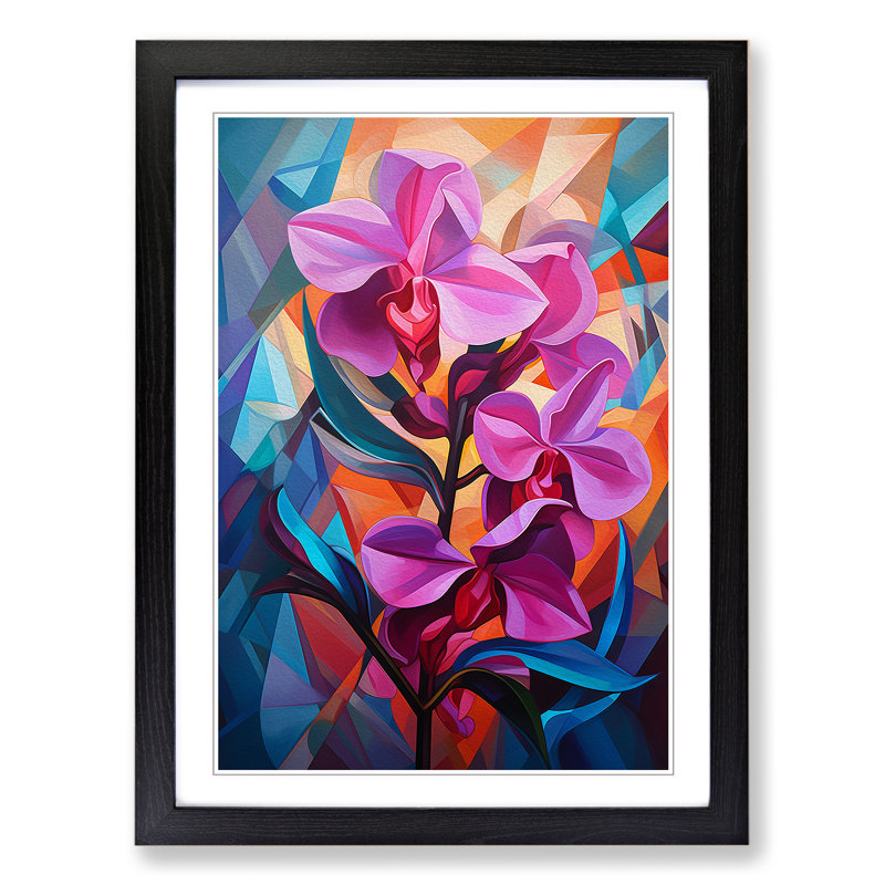 Orchid Flower Cubism - Single Picture Frame Print on Wood, 34cm H x 25cm W x 2cm D, Black Framed