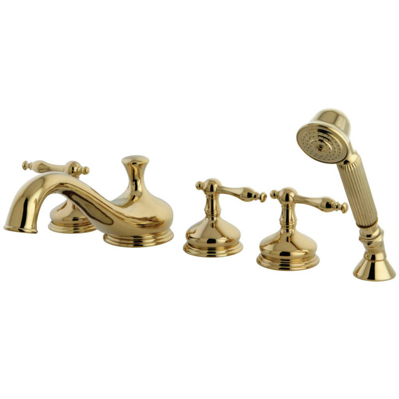 Kingston Brass Roman Three-Handle 5-Hole Deck Mount Roman Tub Faucet with Hand Shower, Polished Brass