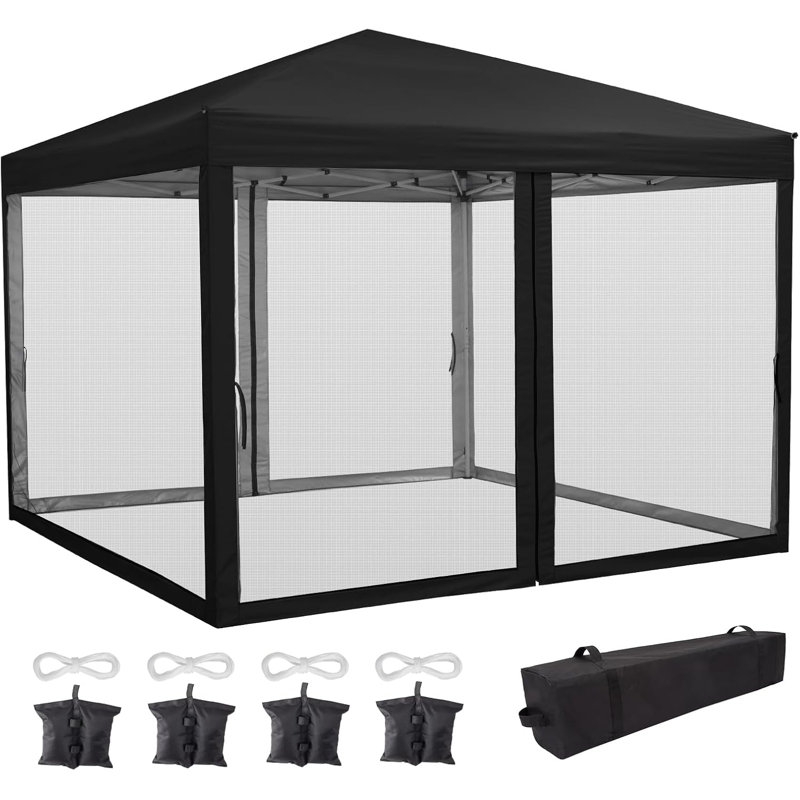 10 X 10 FT Pop Up Canopy, Heavy Duty Party Tent With Mosquito Netting, Height Adjustable Instant Sun Shade, Portable, Black