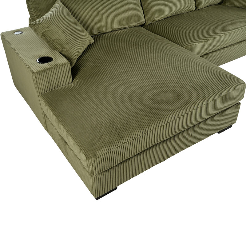 Grand canapé modulaire Mirod avec coussins épais, porte-gobelets et ports de charge intégrés, Velours côtelé vert