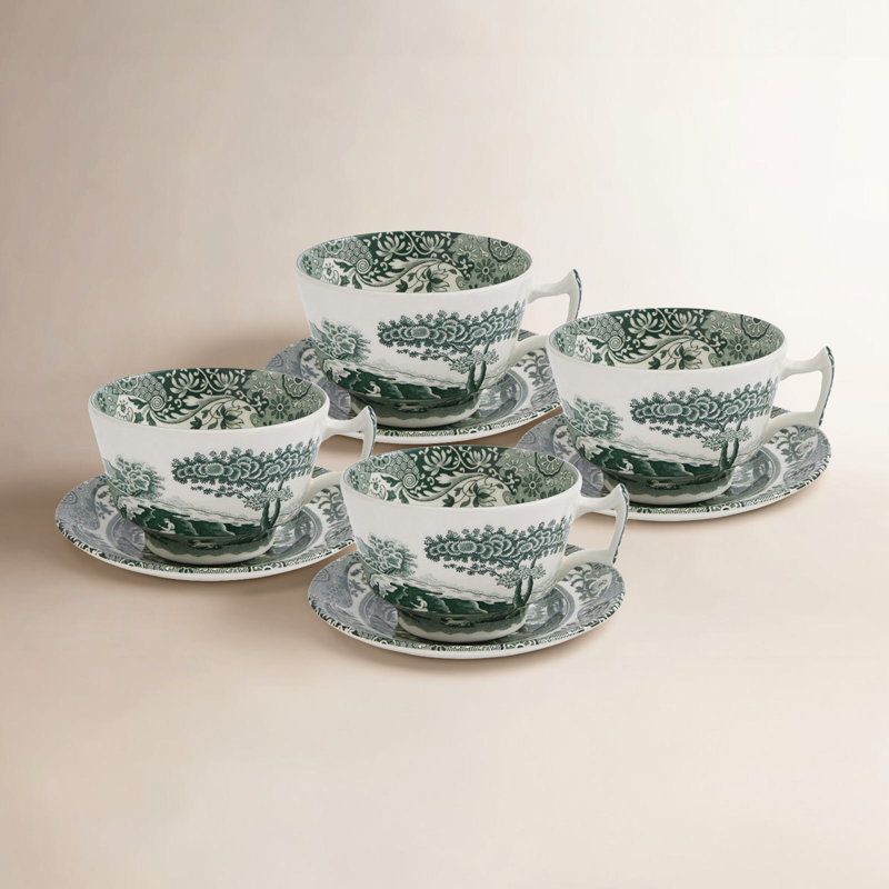 Heritage Green Italian 10 Oz. Breakfast Cups & Saucers, Set of 4