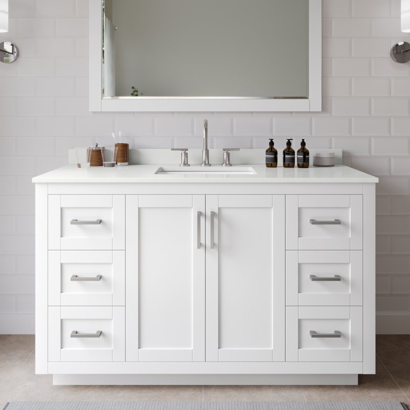 Miranda 54" Freestanding Single Bathroom Vanity with Quartz Top, White Quartz, White, Brushed Nickel