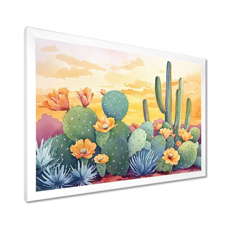 Cactus paysage au coucher du soleil II, Picture Framed Print, H 24 po x l 32 po, Blanc