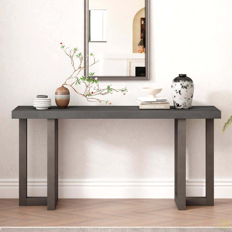 Geometric Design Console Table With Solid Pine Legs,Suitable For Entryway, Hallway, Living Room, Bedroom, Dark Gray