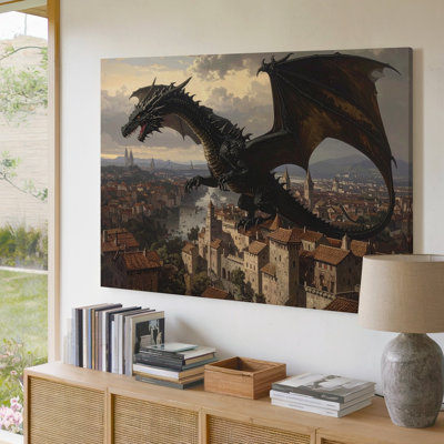 Canvas Wall Art Shadow Over The City Canvasblack Dragon Above Medieval Rooftops