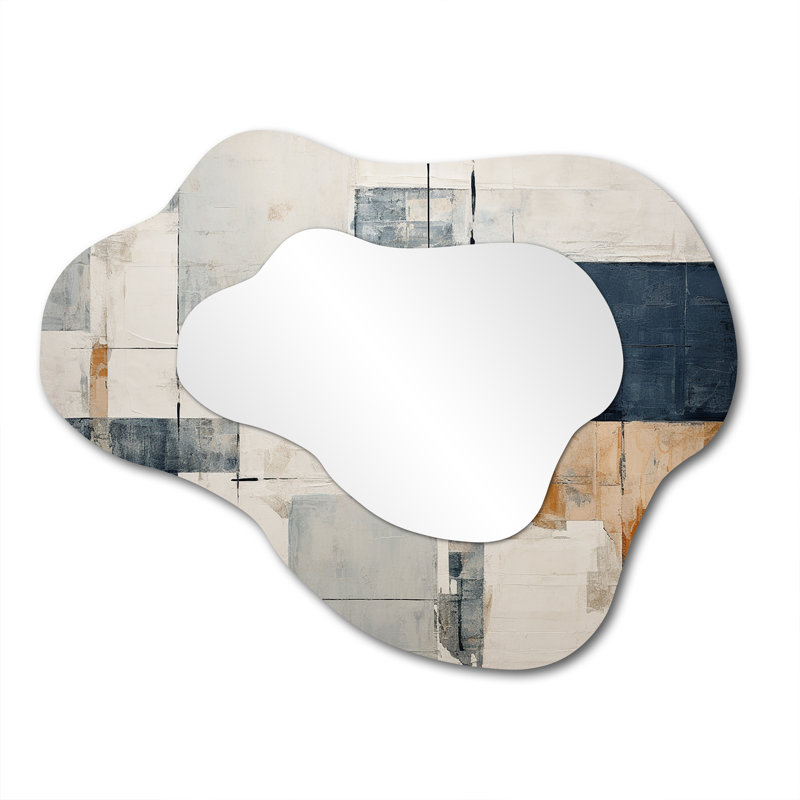 Veator Abstract Blue Beige Road Collage I - Abstract Collages Asymmetrical Decorative Wall Mirror, Modern Cloud Mirror, Printed Metal Art