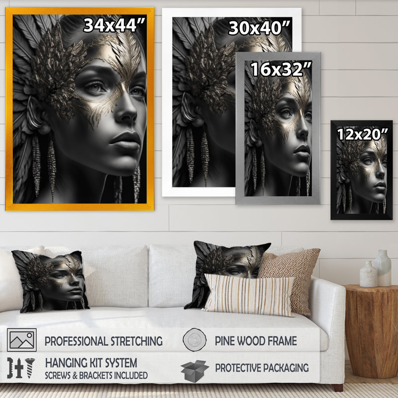 Femme bohémienne rétro sur toile, H 44 po x l 34 po x P 1,5 po, Encadrement doré