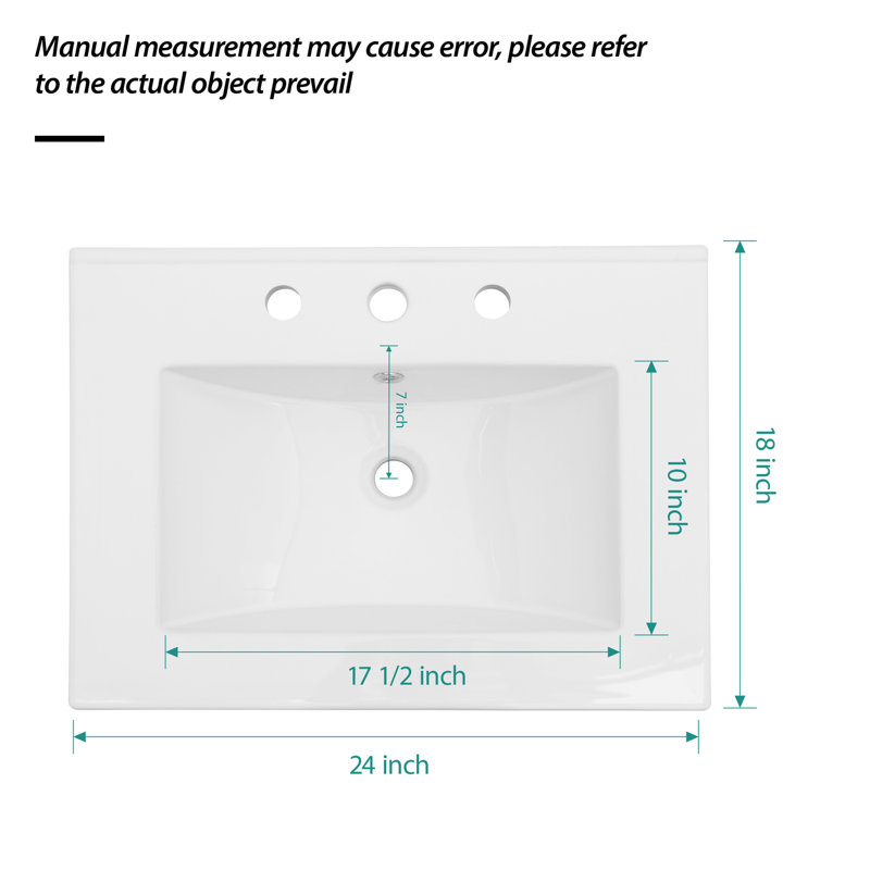 Comptoir de meuble-lavabo simple blanc 24 po x 18 po avec 3 trous de robinet et trop-plein (lavabo seulement)