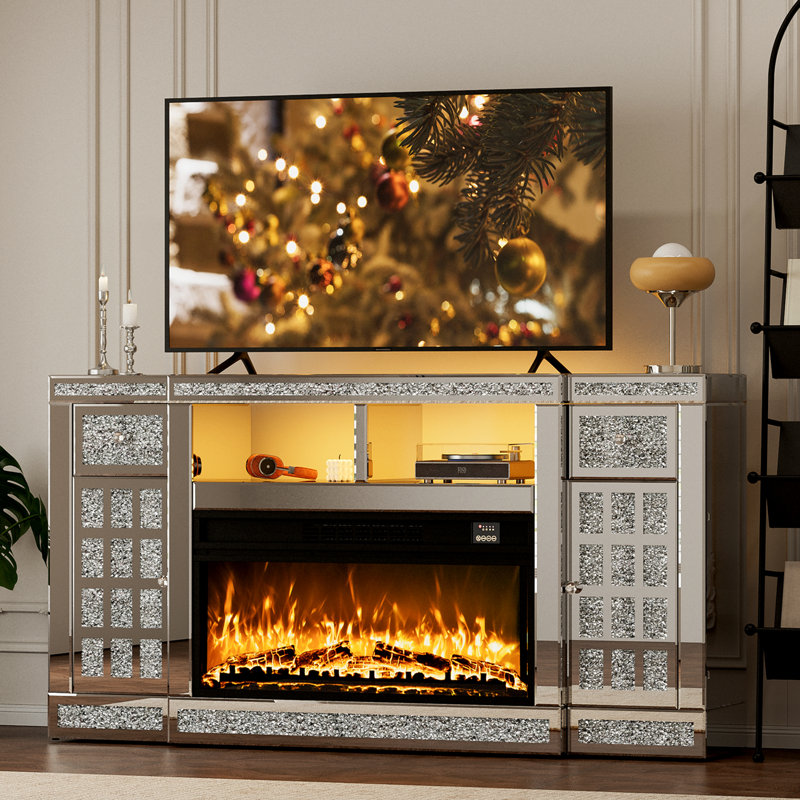 Mirrored Fireplace Tv Stand For 65+ Inch Tv, Silver Tv Console Table With Crushed Diamond And Led, Modern Media Entertainment Center With Storage For Living Room, Bedroom And Office