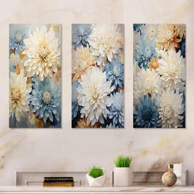 White And Blue Mums Fragrant Elegance - Mums Metal Wall Decor Set Of 3