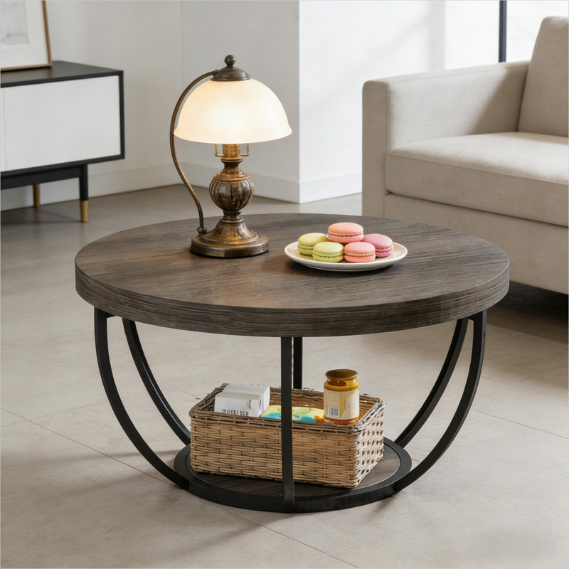 Table basse 31,5 pouces ronde, grain de bois moderne avec tablette ouverte, gris neutre, structure en acier noir