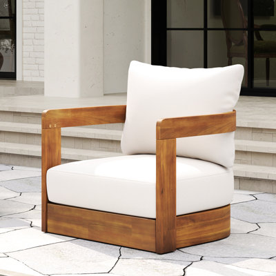 Fauteuil club d'extérieur fabriqué en bois, conception de baignoire incurvée, aspect de lattes toutes saisons, coussins d'eau et ton principal beige, poids du produit: 33,58 lb, forme de lattes de bois de 28,26 po de hauteur, couleur,