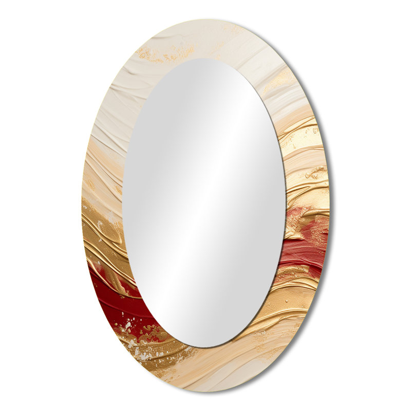Miroir décoratif abstrait ovale sur métal doré et rouge, 36 po x 24 po