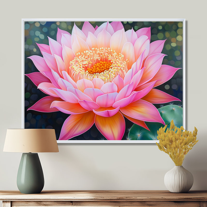 Fleur de cactus - art mural imprimé floral, Impression dans un cadre flottant sans passe-parto, H 16 po x l 32 po, Blanc