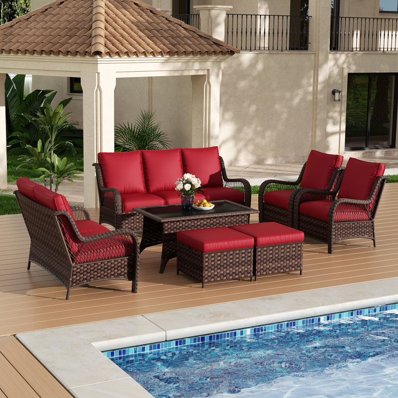 Ensemble de conversation pour patio 7 personnes avec coussins, 7 pièces: canapé, causeuse, 2 chaises, 2 repose-, Rouge