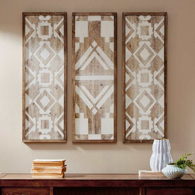 3 décorations géométriques - Décoration murale en bois d'inspiration mondiale à la verticale ou à l'horizontale