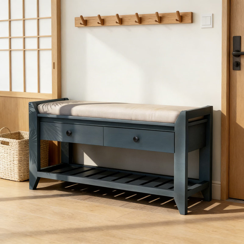 Banc de rangement polyvalent en bois avec siège rembourré, étagère à chaussures cachée et tiroirs pour le vestibule, le couloir, la chambre à coucher ou le porche