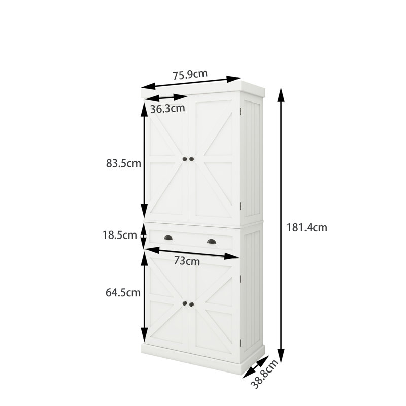 Garde-manger blanc de 71 po avec 4 portes, un tiroir et 2 tablettes réglables. Améliore les options de rangement dans la salle à manger, le salon, l'armoire à linge pour la cuisine. Pour la lessive. Look chic, espace abondant,