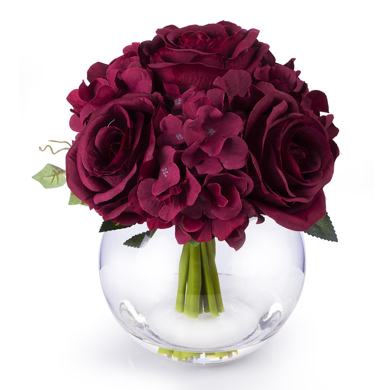 Burgundy Silk Hydrangea and Rose Arrangement in White Glass Vase