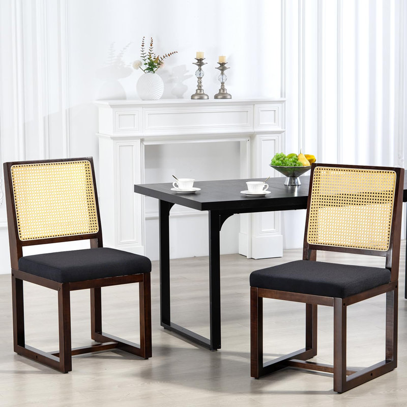 Linen Upholstered Rattan Side Chair with Wooden Frame (Set of 2), Black, Brown