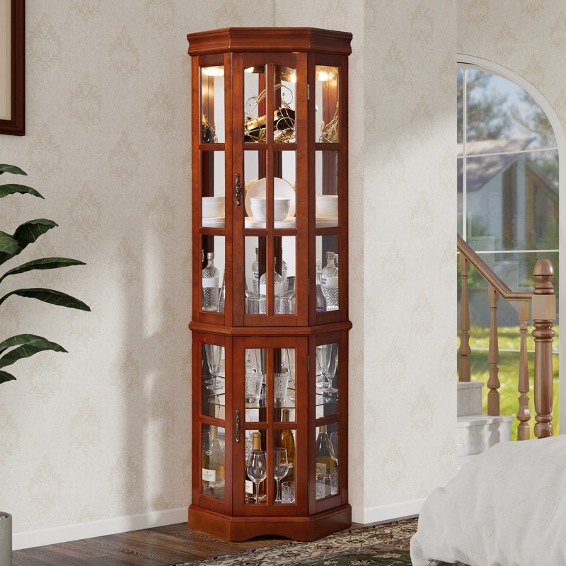 Vitrine de coin avec 5 tablettes et système d'éclairage (ampoule E26 non incluse), Noyer foncé