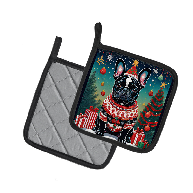 Paire de porte-pots de Noël bouledogue français noir
