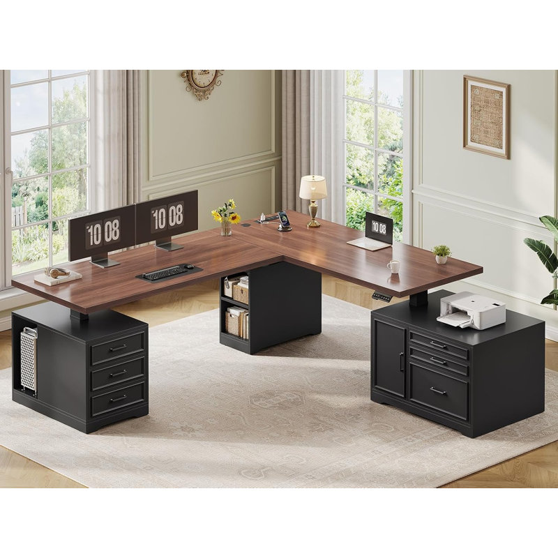 Josphua 63" L Shaped Desk Electric Standing Desk Convertible Corner Office Desk With Drawer Farmhouse Computer Desk