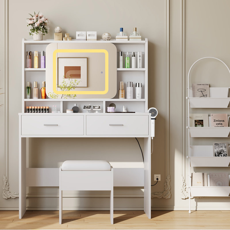 Coiffeuse de maquillage moderne avec miroir à DEL, prises USB, 2 tiroirs et tabouret, Blanc