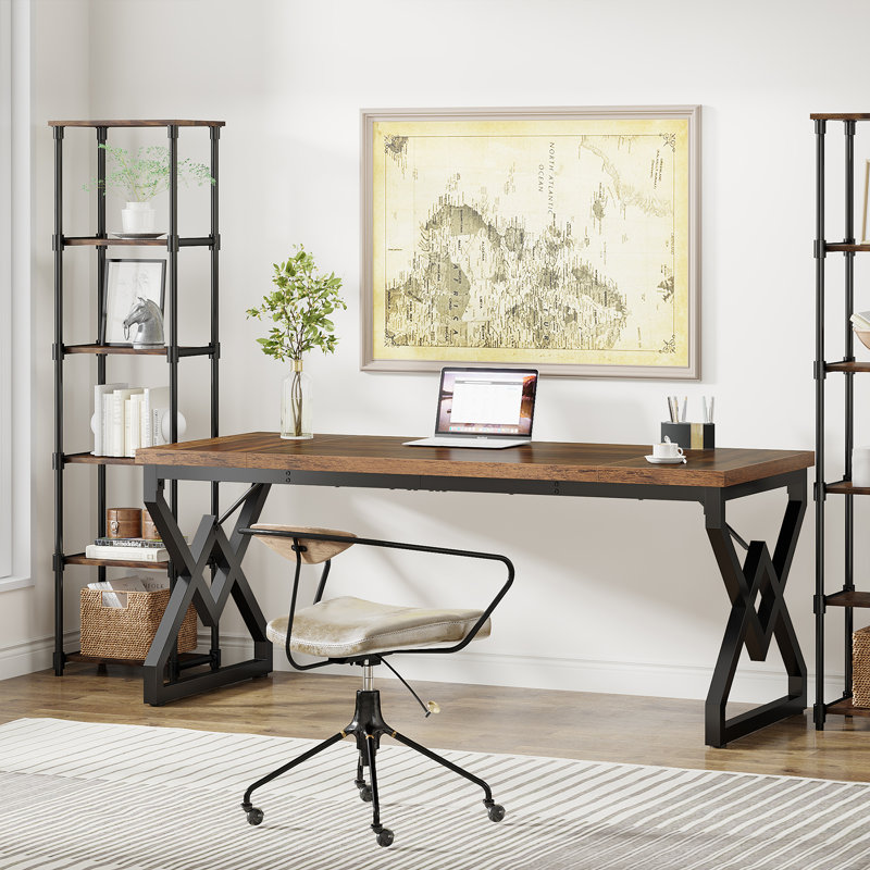 Metal Base Computer Desk, Black, Brown