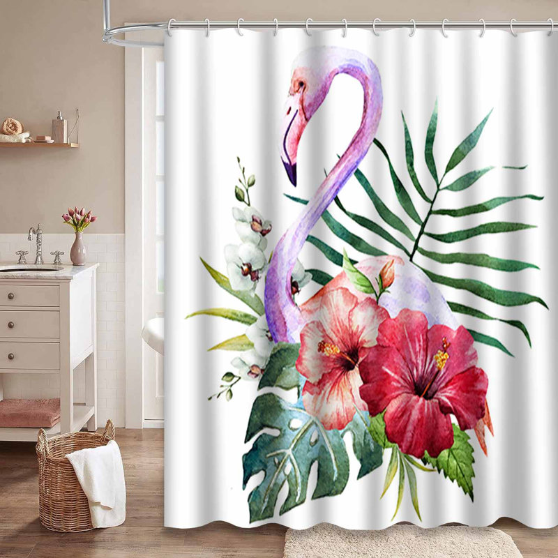 Aquarelle fleurs de flamant rose avec palmiers et 12 crochets, L 72 po x l 78 po