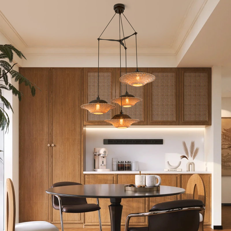 Cascade 4-Light Cluster Pendant Light Natural Rattan Shade Coastal Chic Chandelier In Matte Black